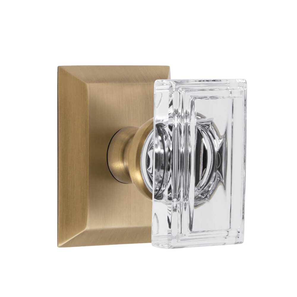 Fifth Avenue Square Rosette Privacy with Carre Crystal Knob in Vintage Brass