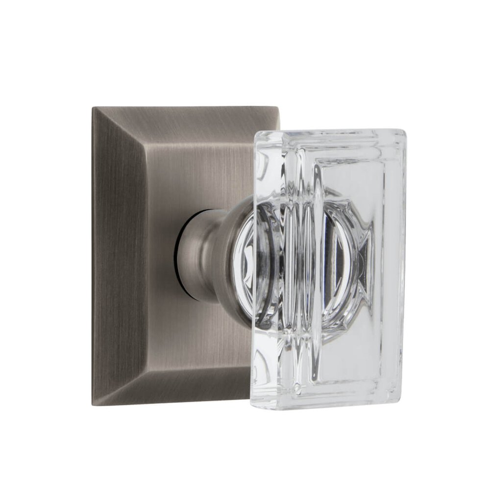 Fifth Avenue Square Rosette Privacy with Carre Crystal Knob in Antique Pewter