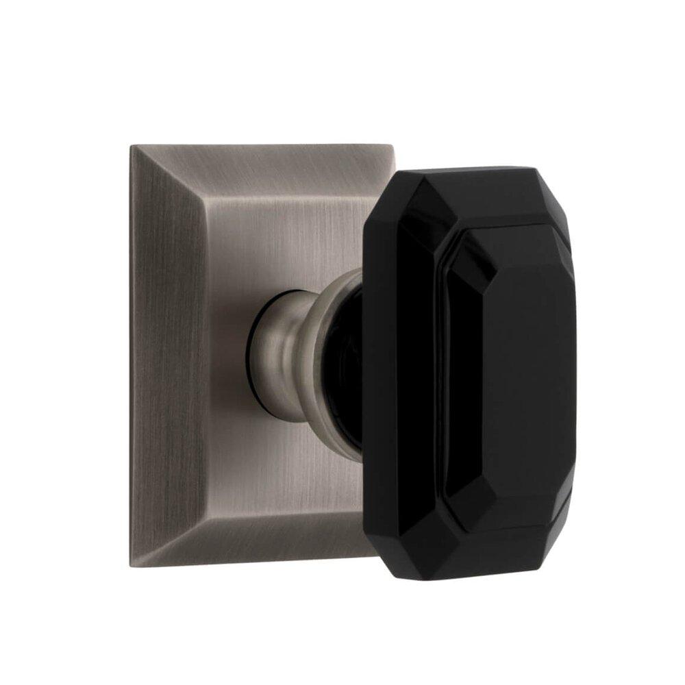 Fifth Avenue Square Rosette Double Dummy with Baguette Black Crystal Knob in Antique Pewter
