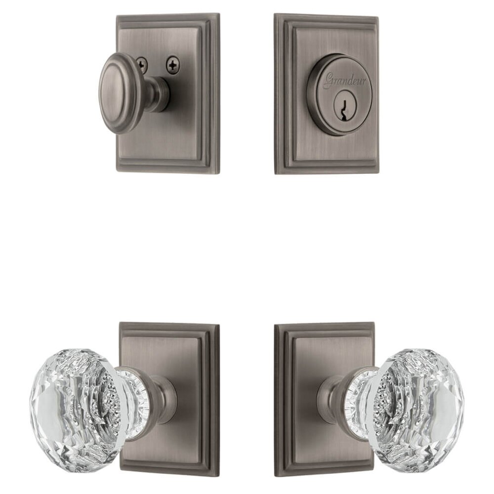 Carre Square Rosette Entry Set with Brilliant Crystal Knob in Antique Pewter