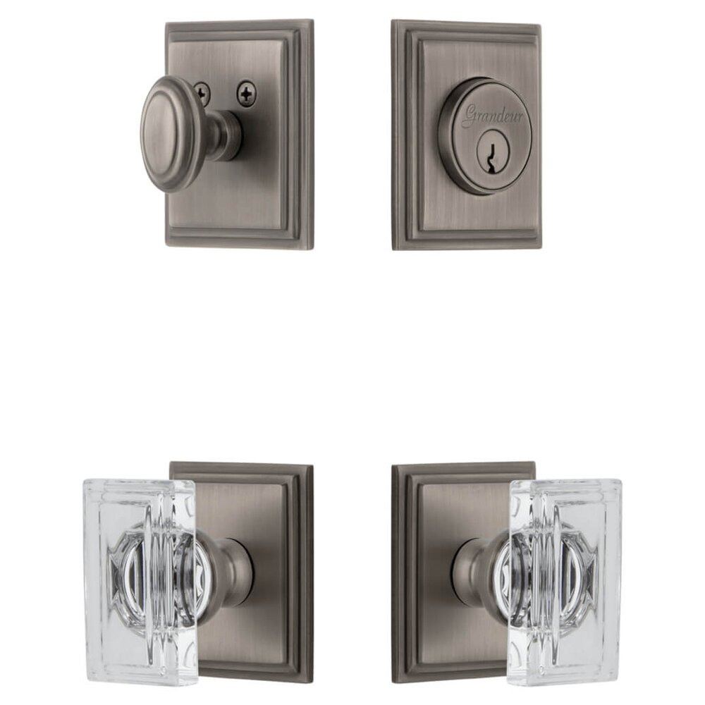 Carre Square Rosette Entry Set with Carre Crystal Knob in Antique Pewter