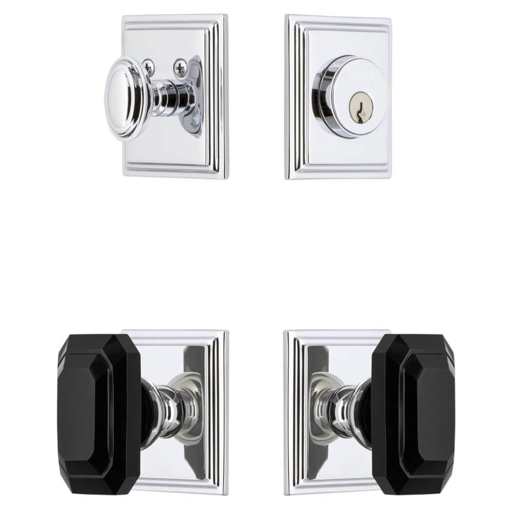 Carre Square Rosette Entry Set with Baguette Black Crystal Knob in Bright Chrome