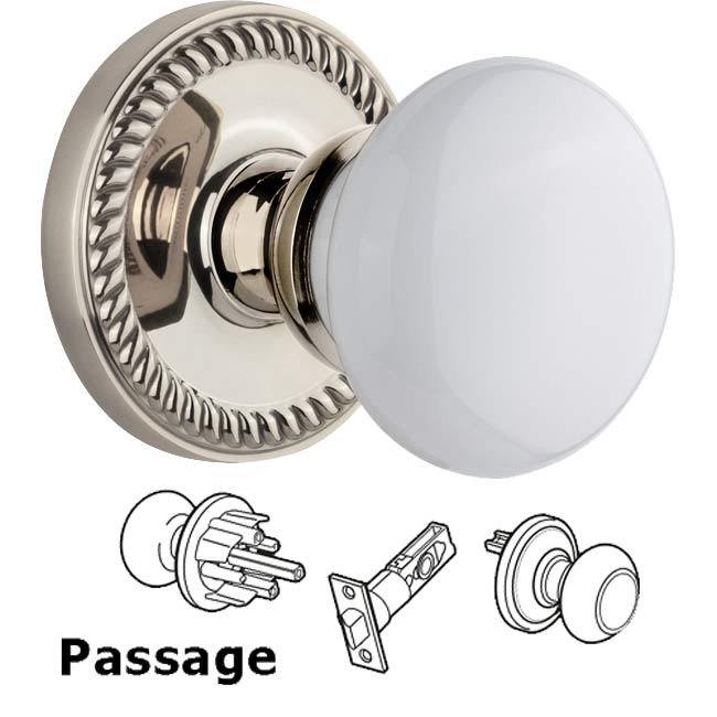 Complete Passage Set - Newport Rosette with Hyde Park White Porcelain Knob in Polished Nickel