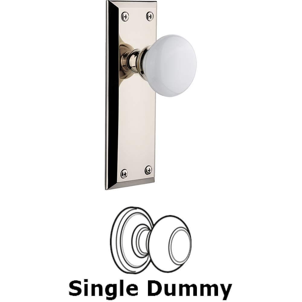Single Dummy Knob - Fifth Avenue Plate with Hyde Park White Porcelain Knob in Polished Nickel
