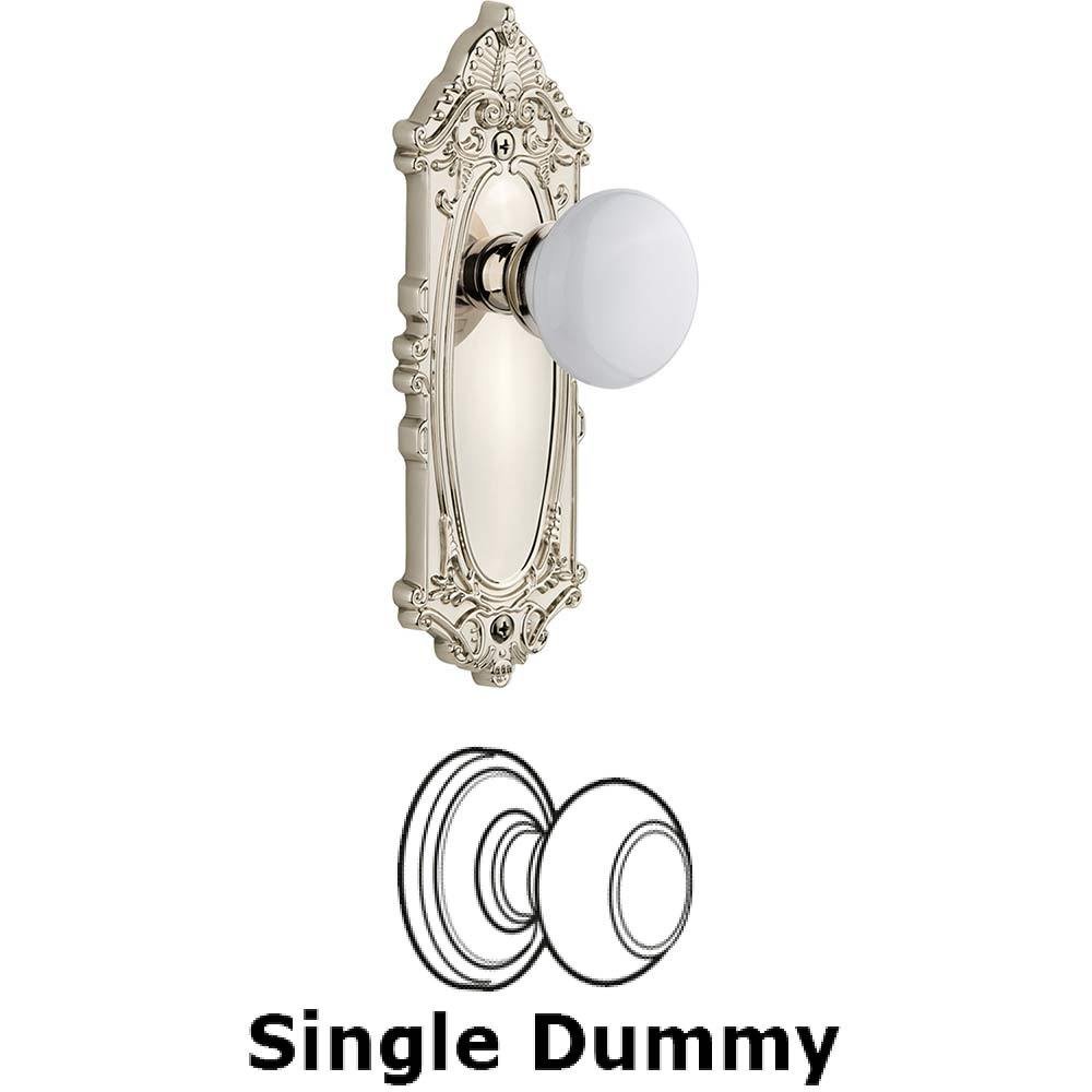 Single Dummy Knob - Grande Victorian Plate with Hyde Park White Porcelain Knob in Polished Nickel