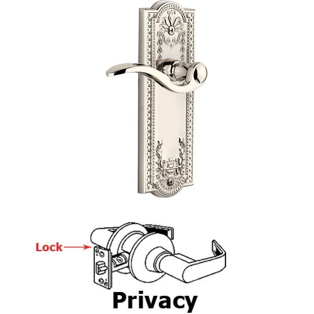 Privacy Parthenon Plate with Bellagio Left Handed Lever in Polished Nickel