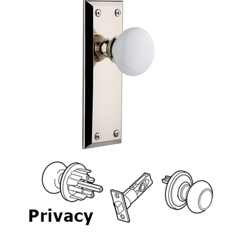 Complete Privacy Set - Fifth Avenue Plate with Hyde Park White Porcelain Knob in Polished Nickel