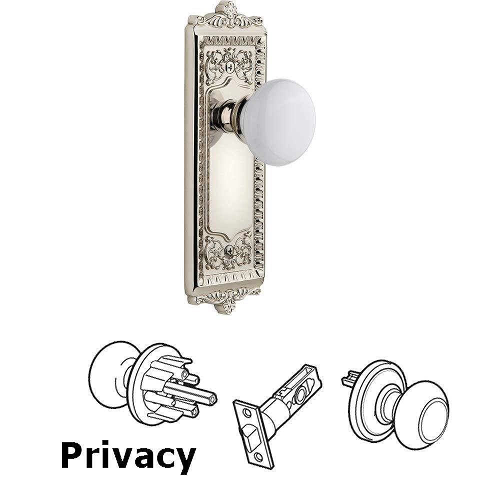 Complete Privacy Set - Windsor Plate with Hyde Park White Porcelain Knob in Polished Nickel