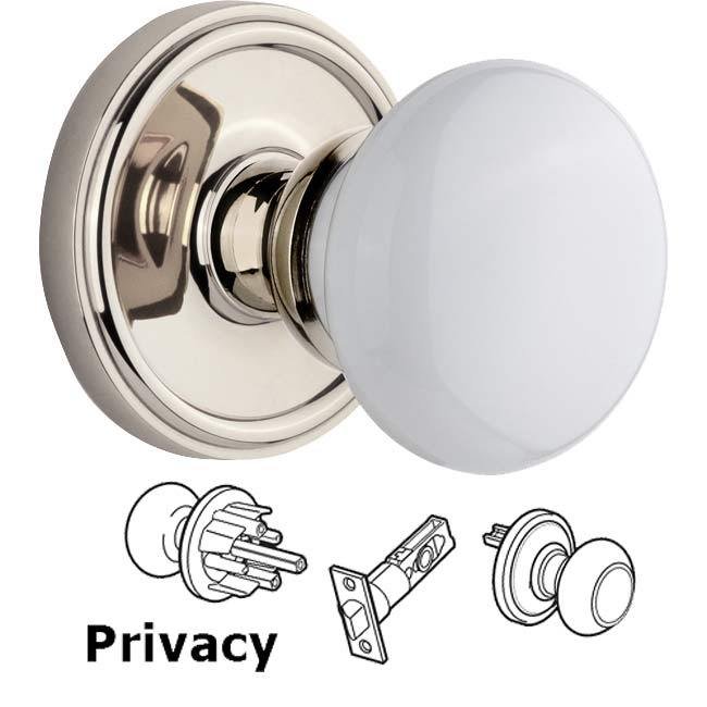 Complete Privacy Set - Georgetown Rosette with Hyde Park White Porcelain Knob in Polished Nickel