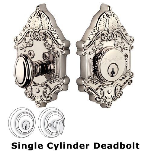 Grandeur Single Cylinder Deadbolt with Grande Victorian Plate in Polished Nickel