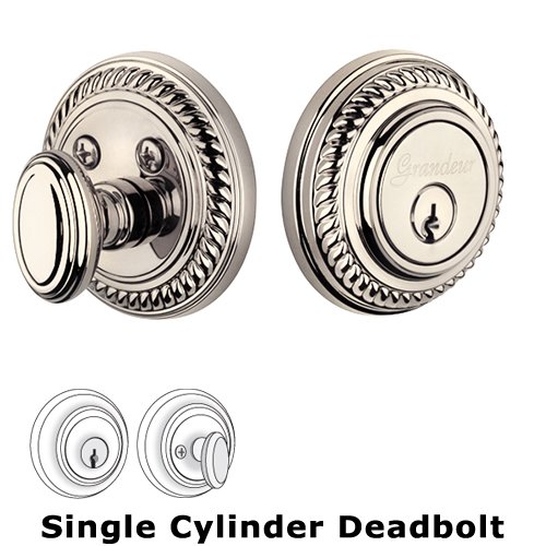 Grandeur Single Cylinder Deadbolt with Newport Plate in Polished Nickel