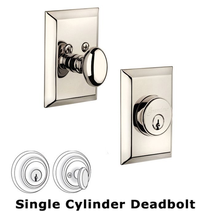 Grandeur Single Cylinder Deadbolt with Fifth Avenue Plate in Polished Nickel
