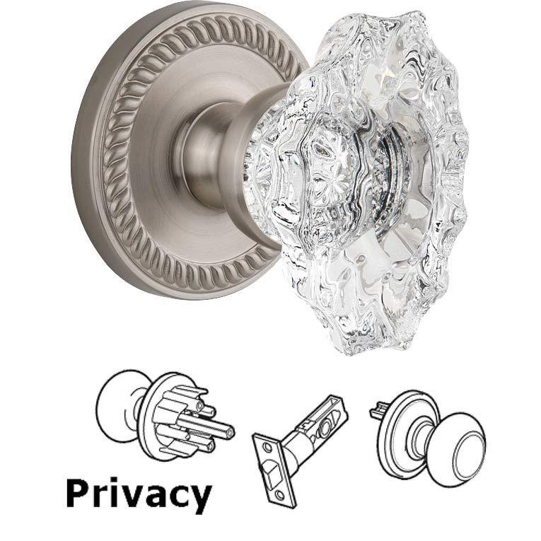 Complete Privacy Set - Newport Rosette with Crystal Biarritz Knob in Satin Nickel