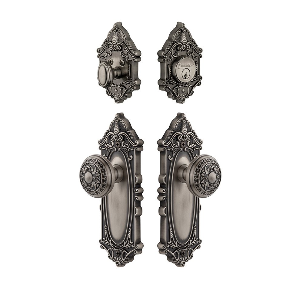 Handleset - Grande Victorian Plate With Windsor Knob & Matching Deadbolt In Antique Pewter