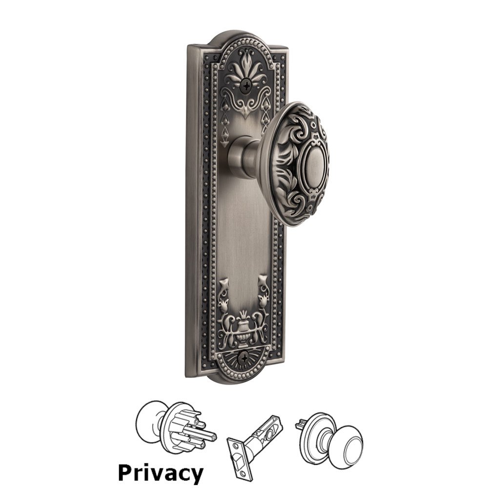 Grandeur Parthenon Plate Privacy with Grande Victorian Knob in Antique Pewter