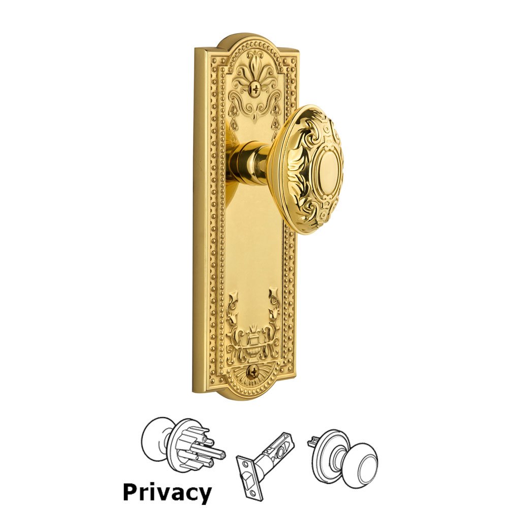 Grandeur Parthenon Plate Privacy with Grande Victorian Knob in Polished Brass