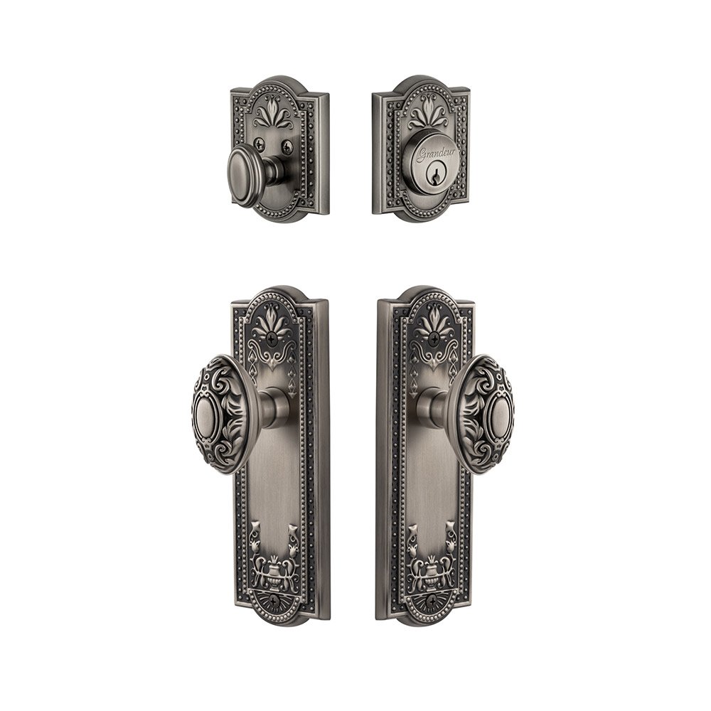 Parthenon Plate With Grande Victorian Knob & Matching Deadbolt In Antique Pewter