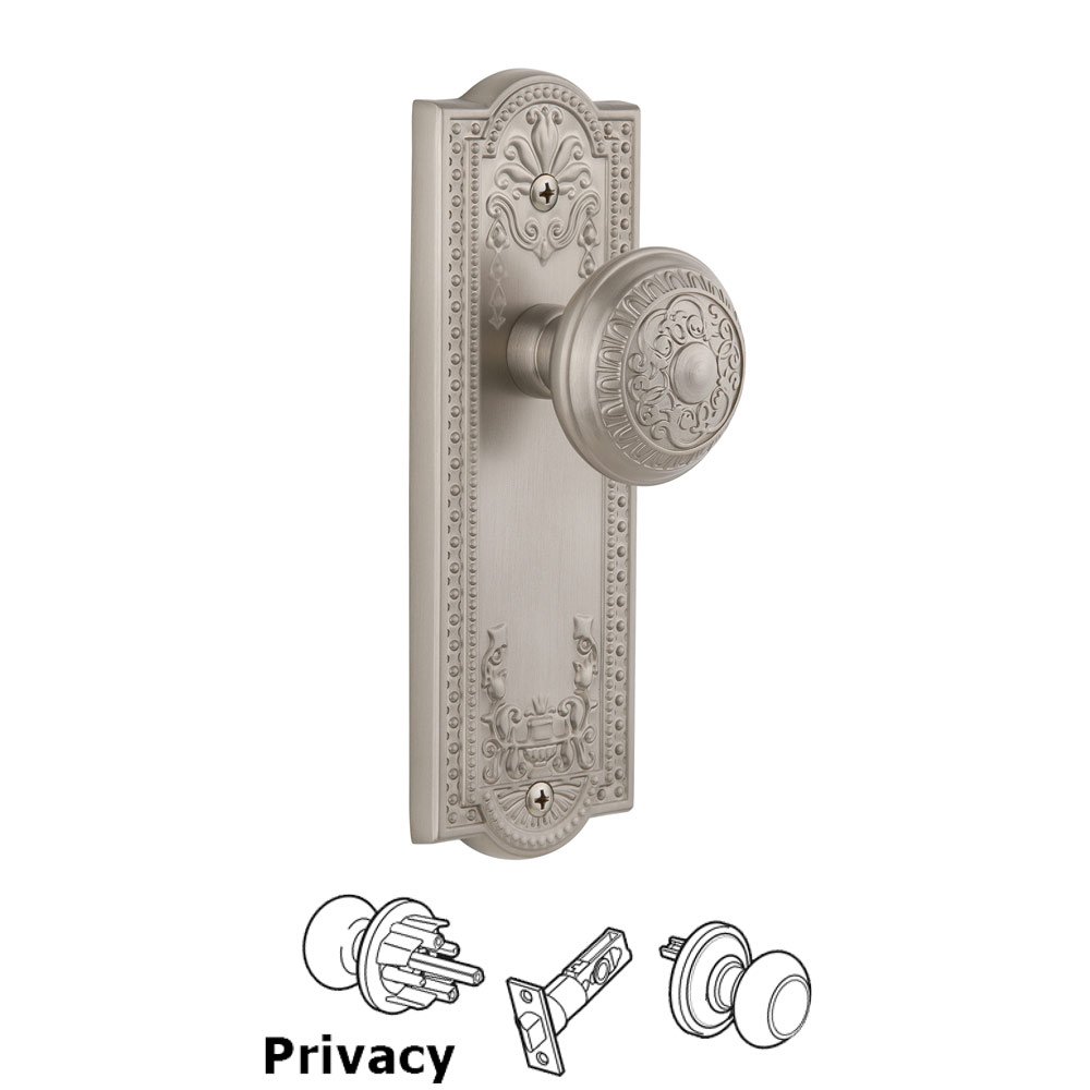 Grandeur Parthenon Plate Privacy with Windsor Knob in Satin Nickel