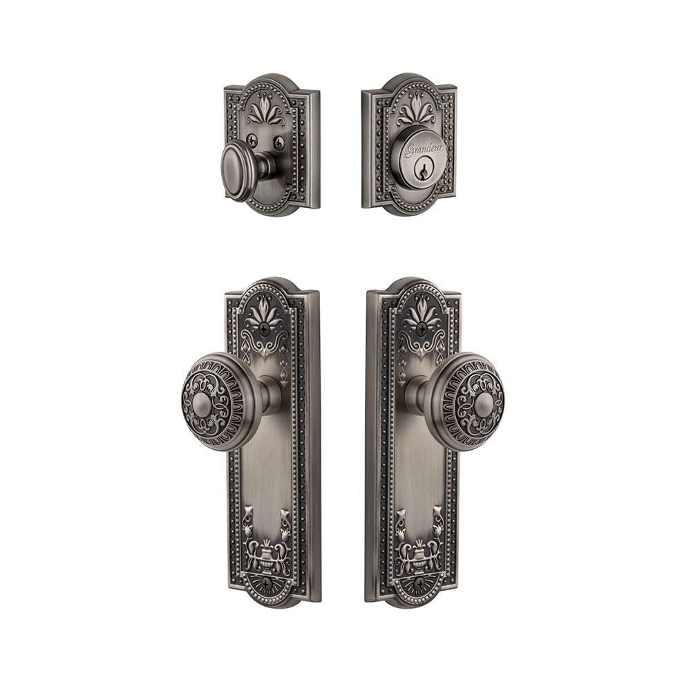 Parthenon Plate With Windsor Knob & Matching Deadbolt In Antique Pewter