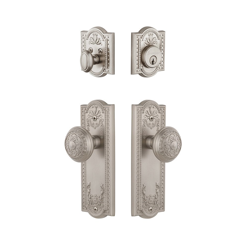 Parthenon Plate With Windsor Knob & Matching Deadbolt In Satin Nickel