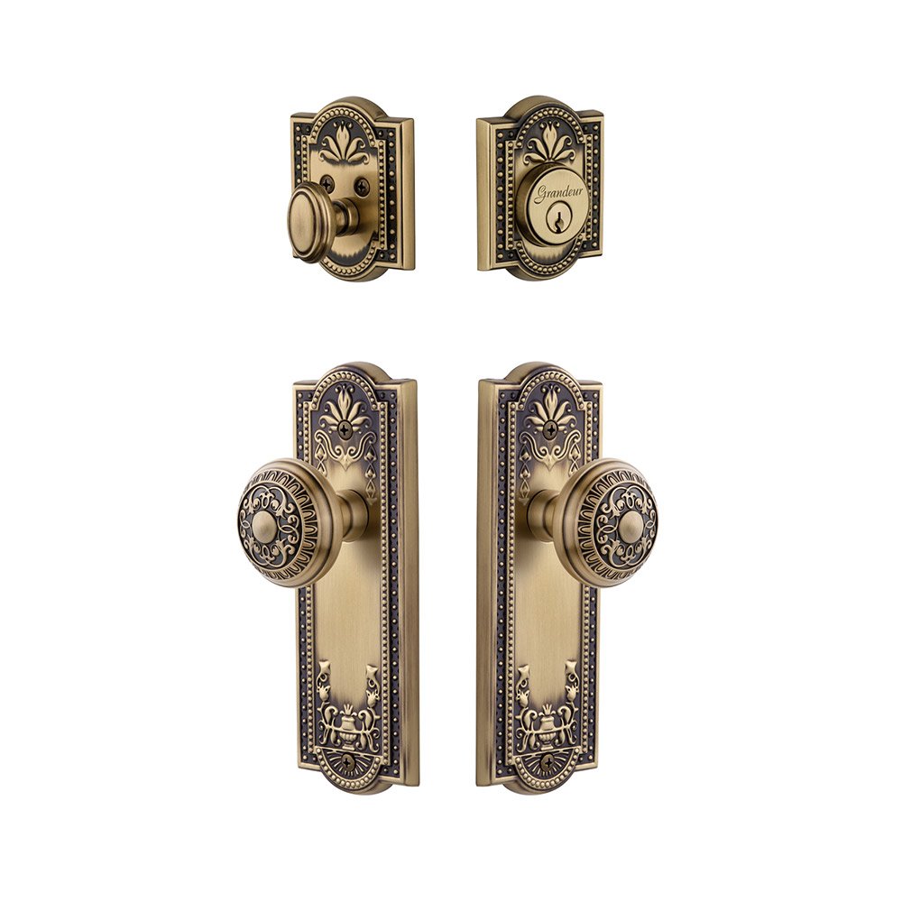 Parthenon Plate With Windsor Knob & Matching Deadbolt In Vintage Brass