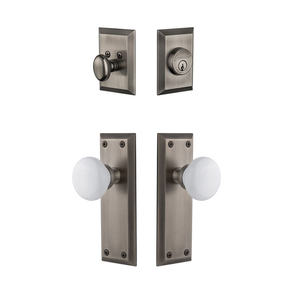 Fifth Avenue Plate With Hyde Park Porcelain Knob & Matching Deadbolt In Antique Pewter