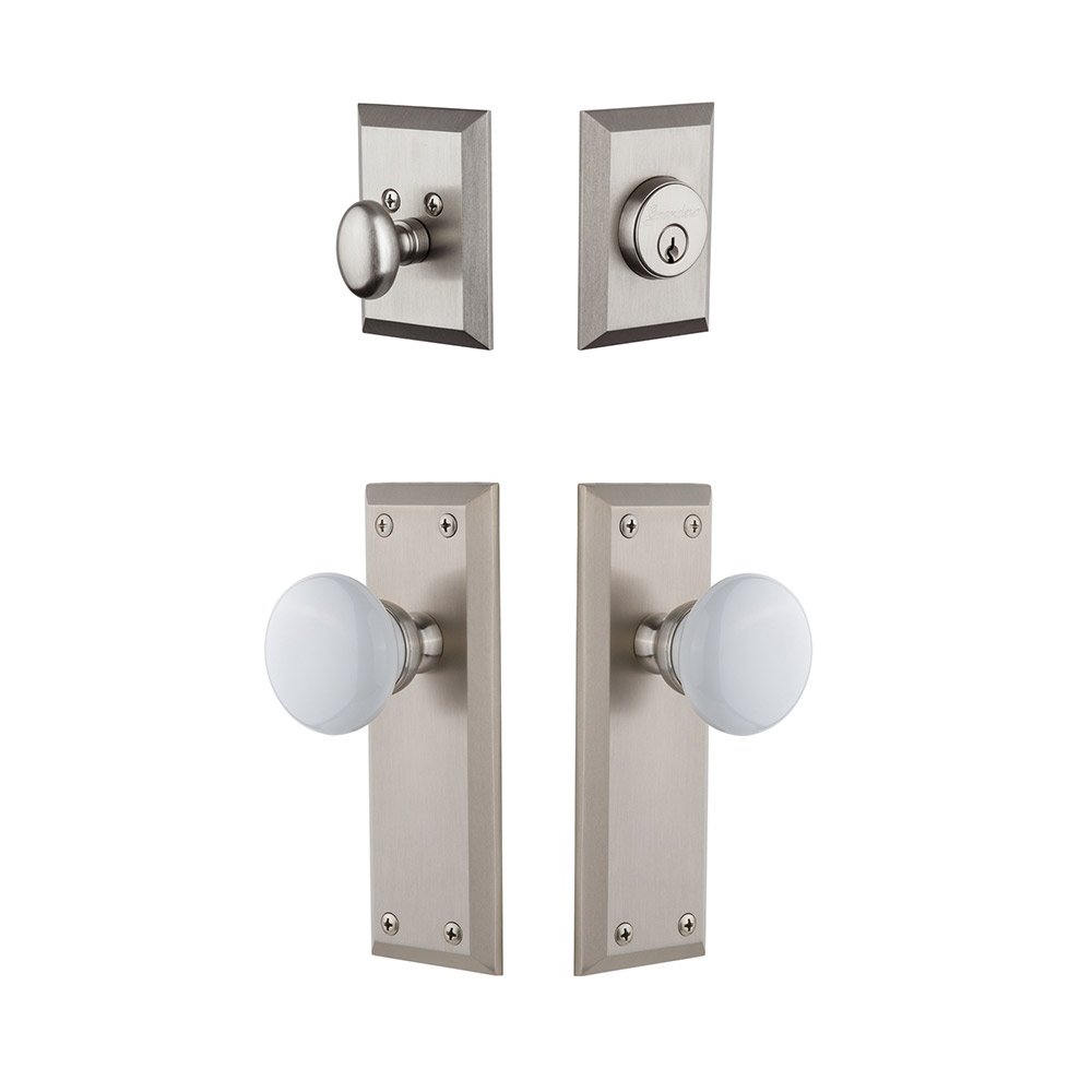Fifth Avenue Plate With Hyde Park Porcelain Knob & Matching Deadbolt In Satin Nickel