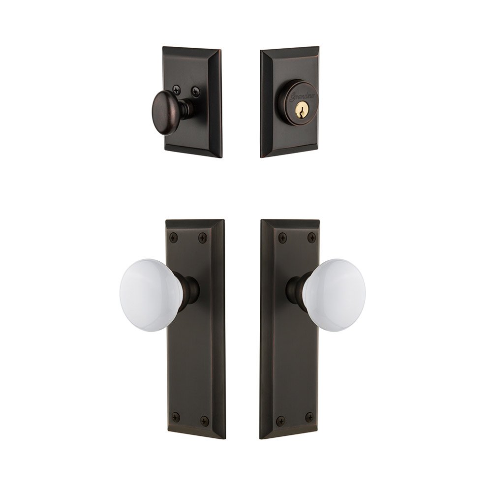 Fifth Avenue Plate With Hyde Park Porcelain Knob & Matching Deadbolt In Timeless Bronze
