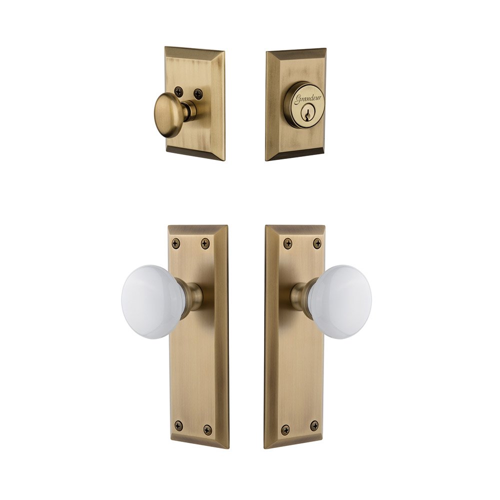 Fifth Avenue Plate With Hyde Park Porcelain Knob & Matching Deadbolt In Vintage Brass