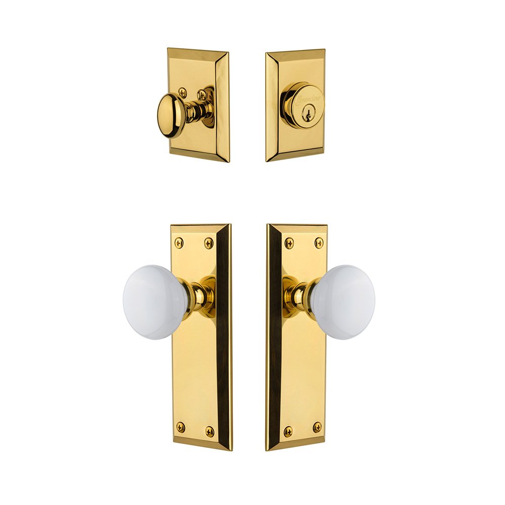 Fifth Avenue Plate With Hyde Park Porcelain Knob & Matching Deadbolt In Lifetime Brass