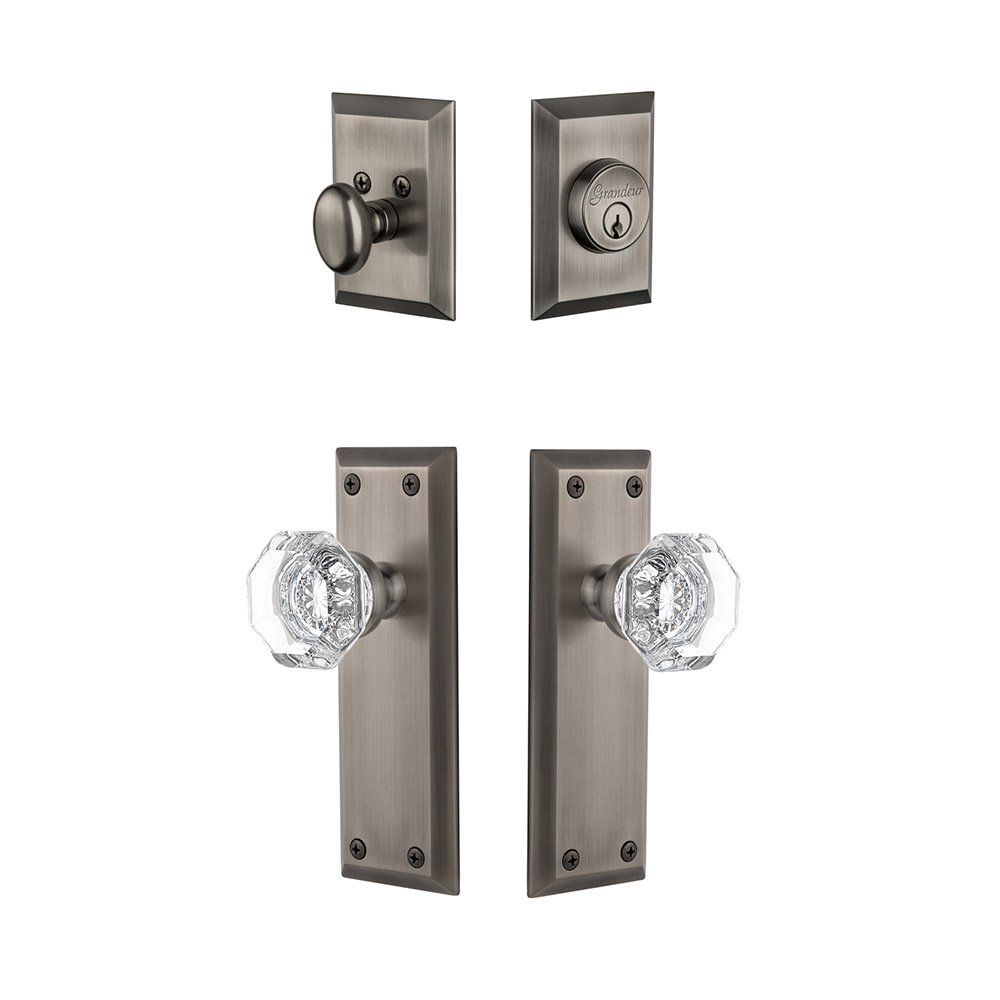 Fifth Avenue Plate With Chambord Crystal Knob & Matching Deadbolt In Antique Pewter