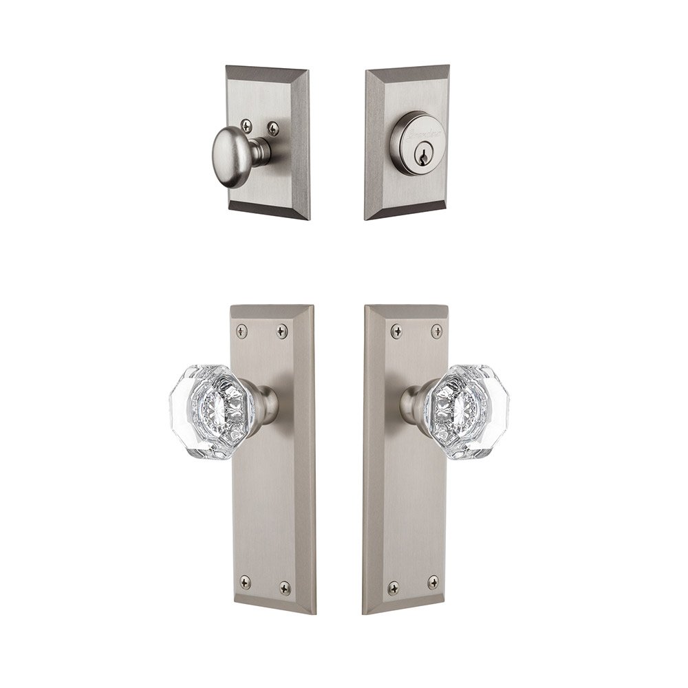 Fifth Avenue Plate With Chambord Crystal Knob & Matching Deadbolt In Satin Nickel