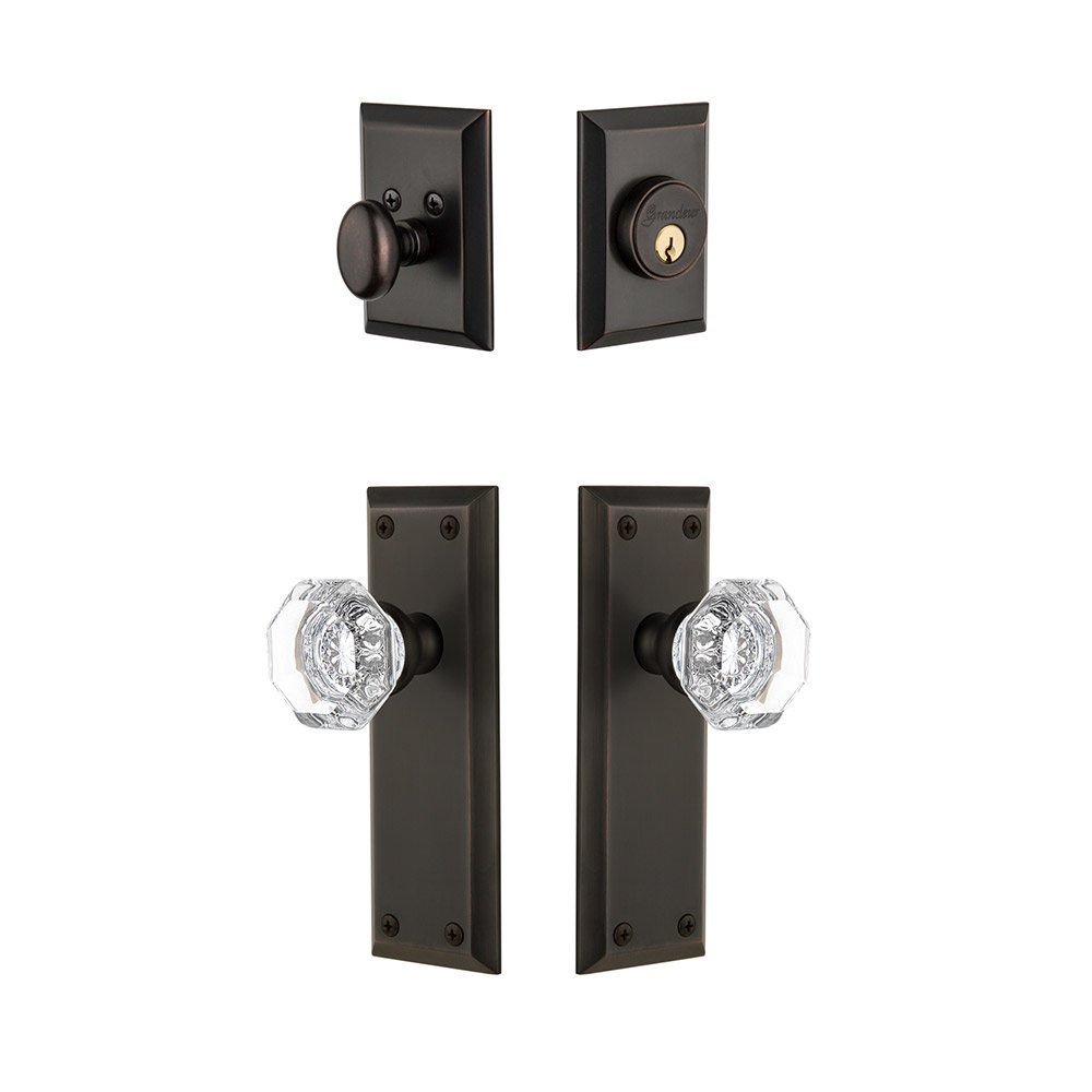 Fifth Avenue Plate With Chambord Crystal Knob & Matching Deadbolt In Timeless Bronze