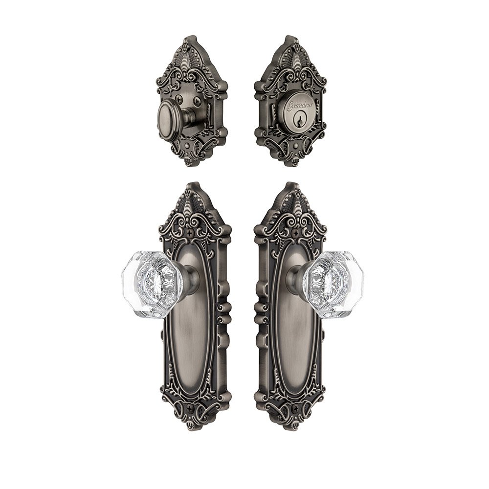 Handleset - Grande Victorian Plate With Chambord Crystal Knob & Matching Deadbolt In Antique Pewter