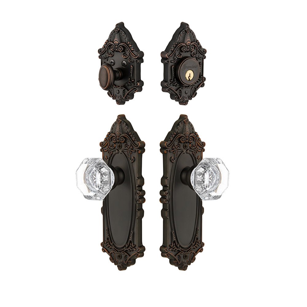 Handleset - Grande Victorian Plate With Chambord Crystal Knob & Matching Deadbolt In Timeless Bronze