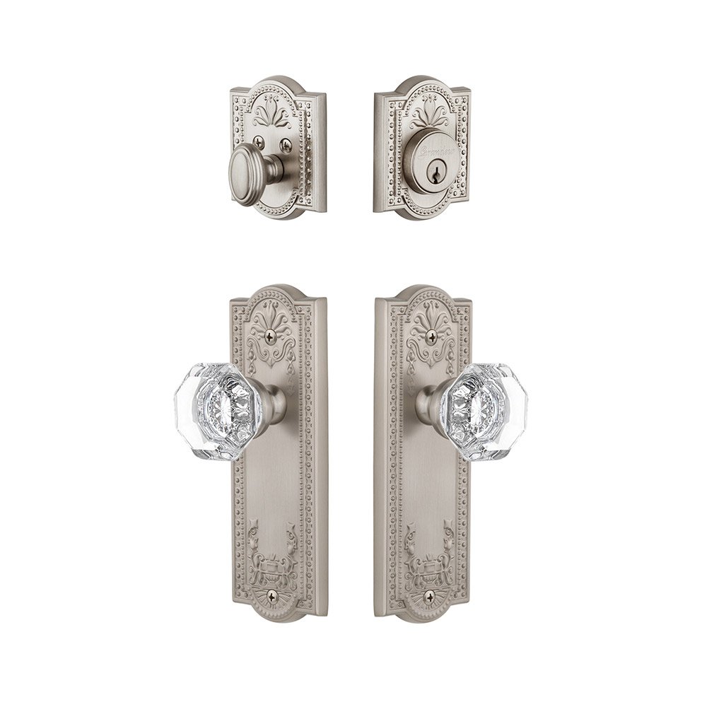 Parthenon Plate With Chambord Crystal Knob & Matching Deadbolt In Satin Nickel