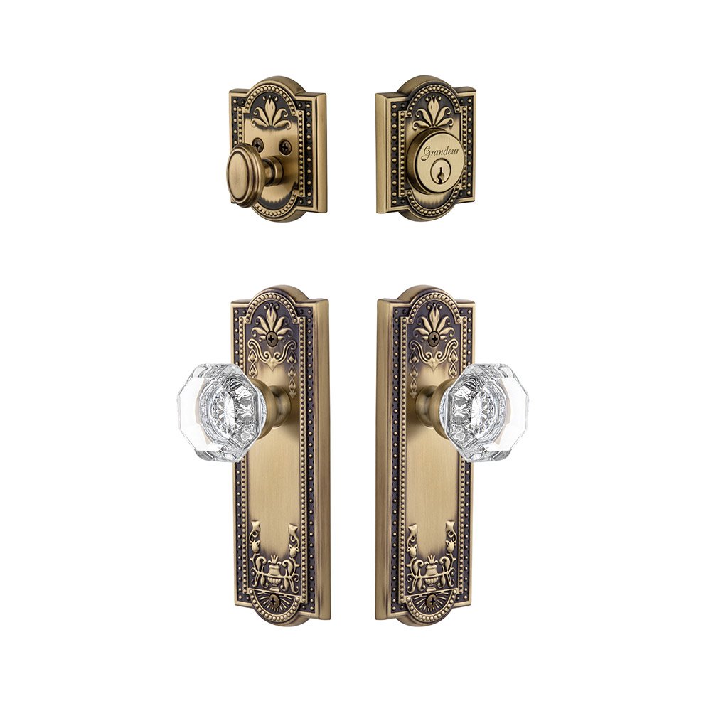 Parthenon Plate With Chambord Crystal Knob & Matching Deadbolt In Vintage Brass