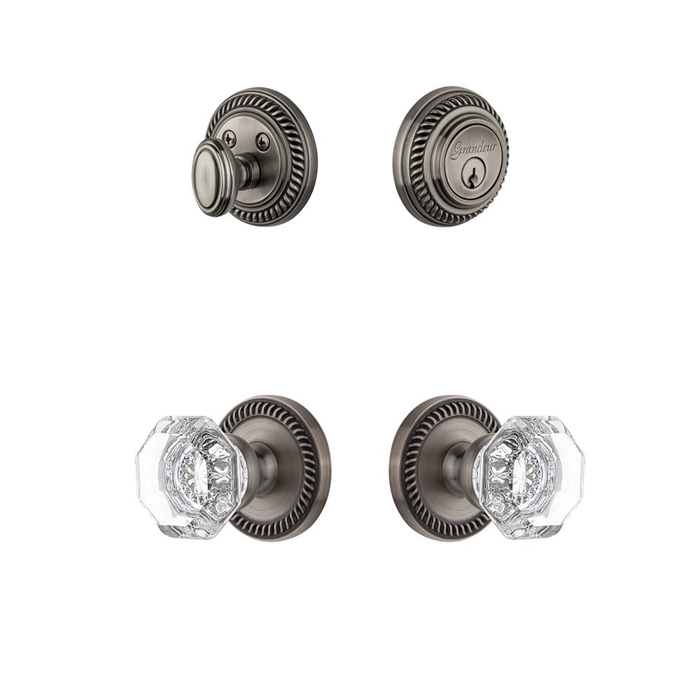 Handleset - Newport Rosette With Chambord Crystal Knob & Matching Deadbolt In Antique Pewter