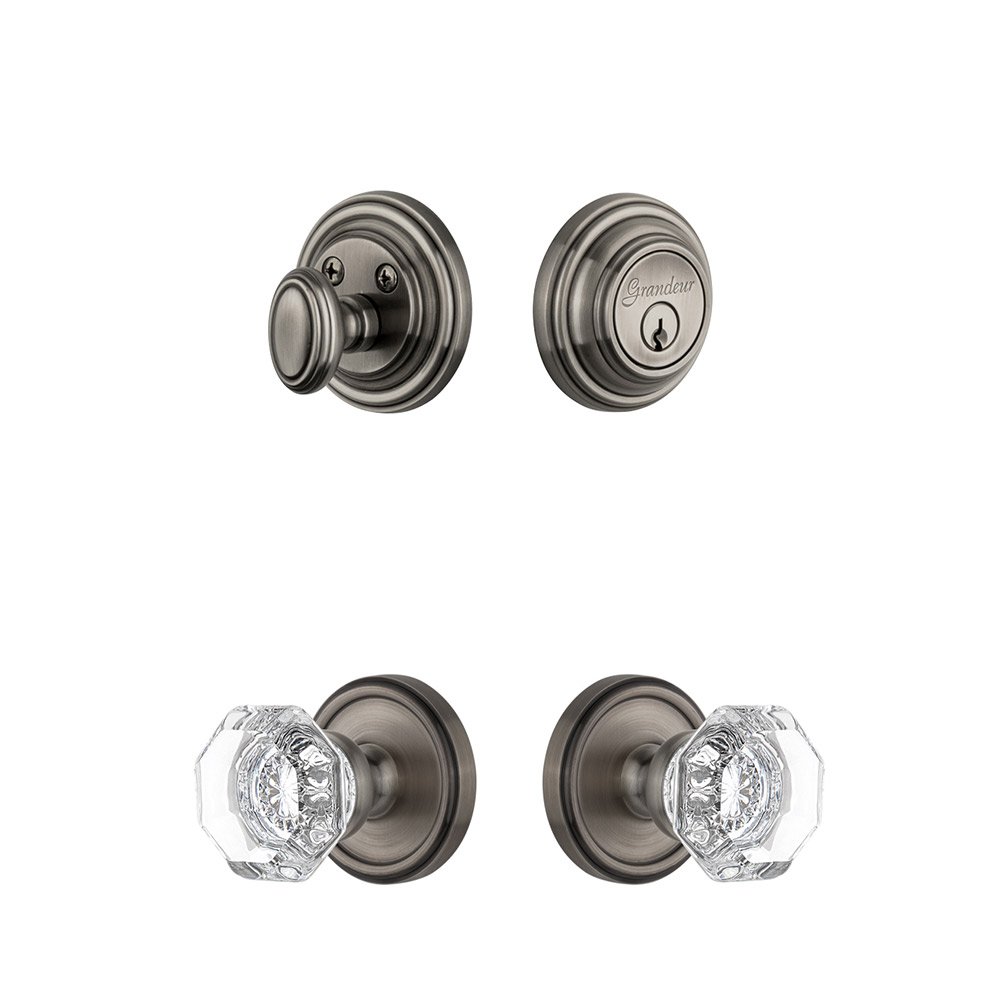 Georgetown Rosette With Chambord Crystal Knob & Matching Deadbolt In Antique Pewter