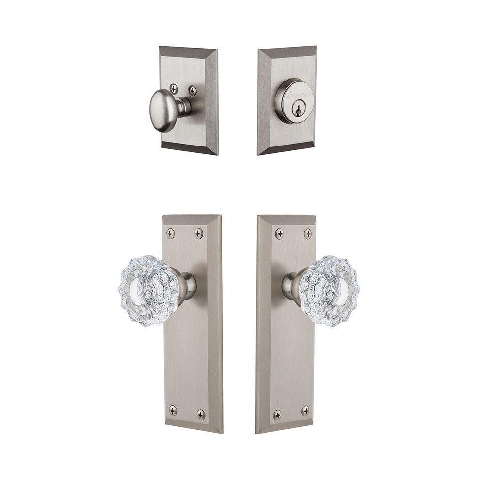 Fifth Avenue Plate With Versailles Crystal Knob & Matching Deadbolt In Satin Nickel