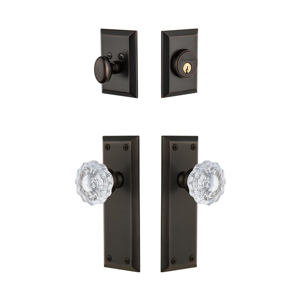 Fifth Avenue Plate With Versailles Crystal Knob & Matching Deadbolt In Timeless Bronze