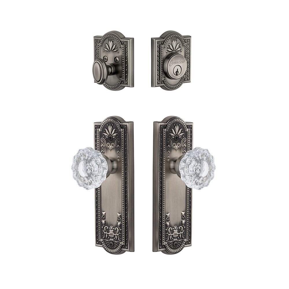 Parthenon Plate With Versailles Crystal Knob & Matching Deadbolt In Antique Pewter