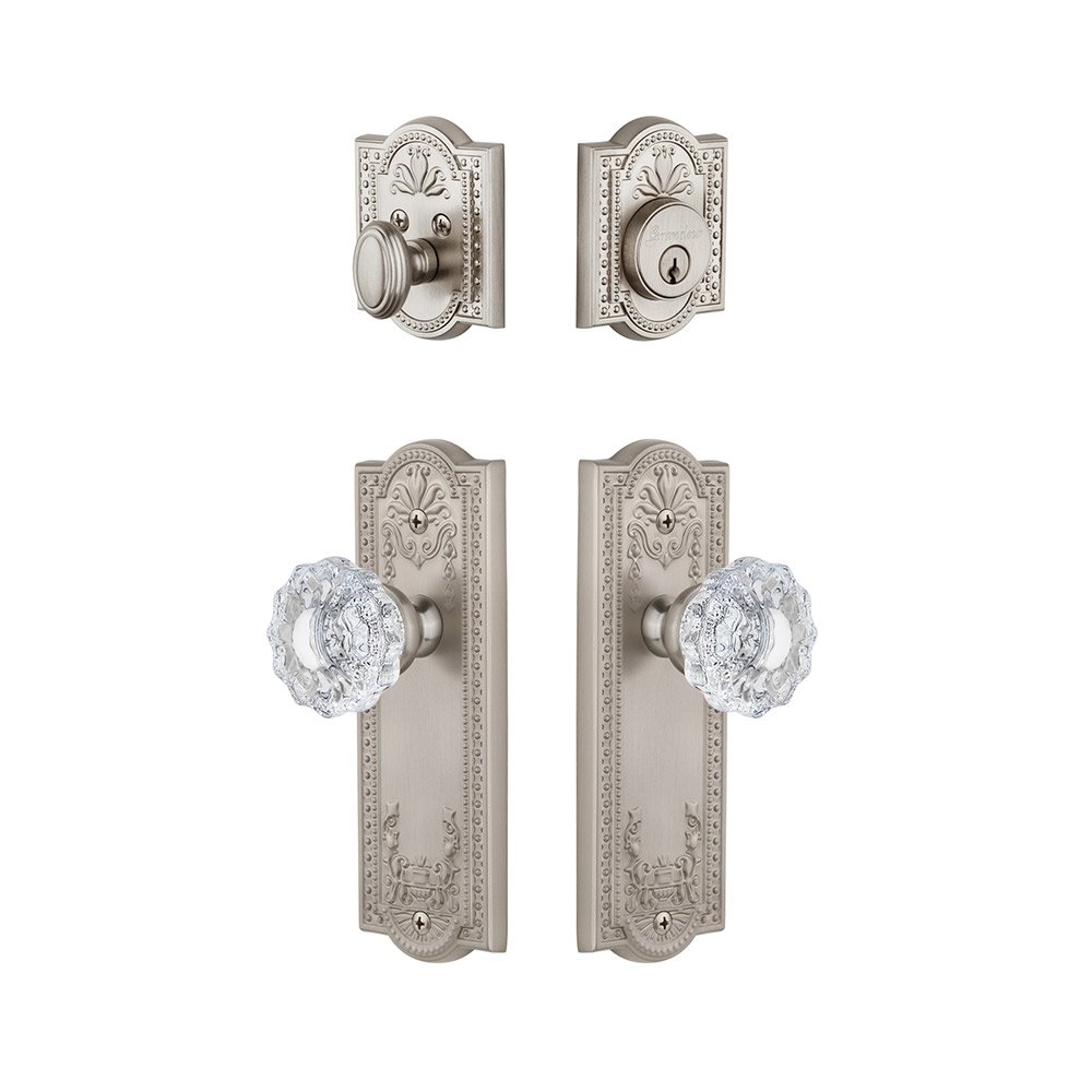 Parthenon Plate With Versailles Crystal Knob & Matching Deadbolt In Satin Nickel