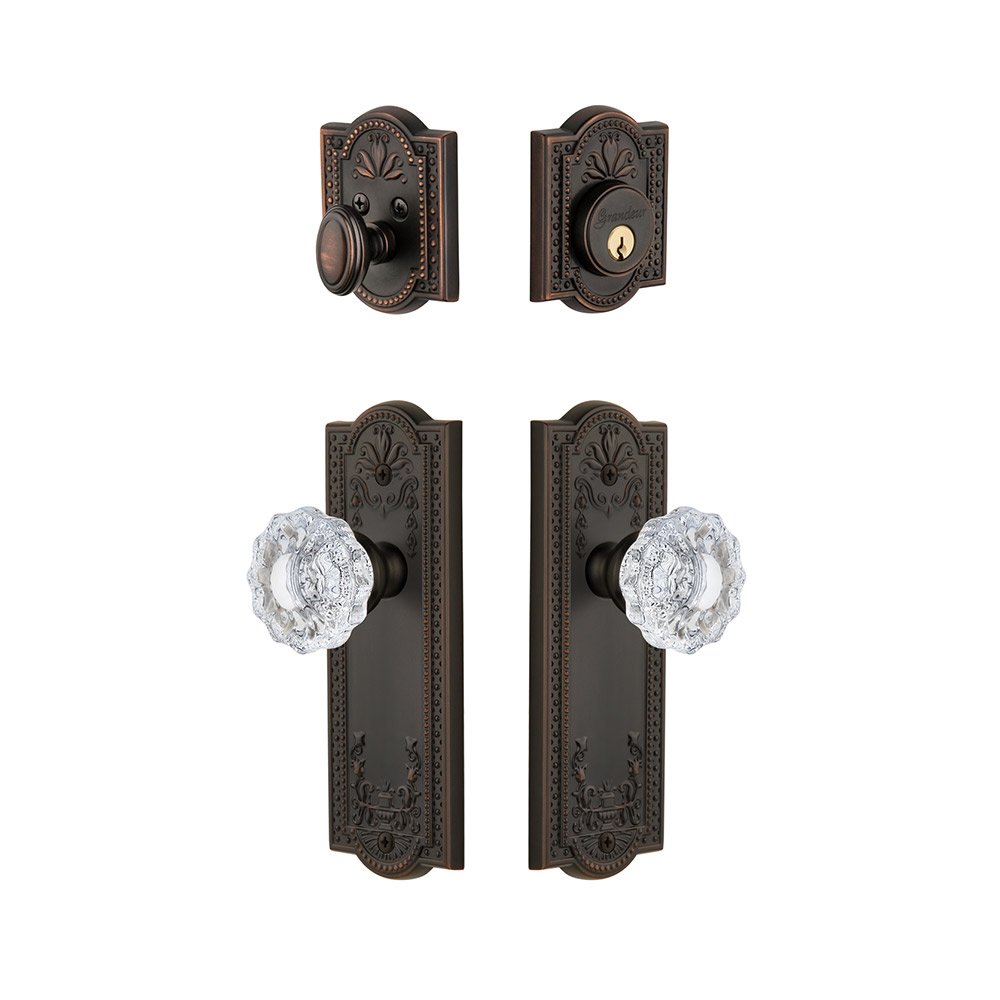 Parthenon Plate With Versailles Crystal Knob & Matching Deadbolt In Timeless Bronze