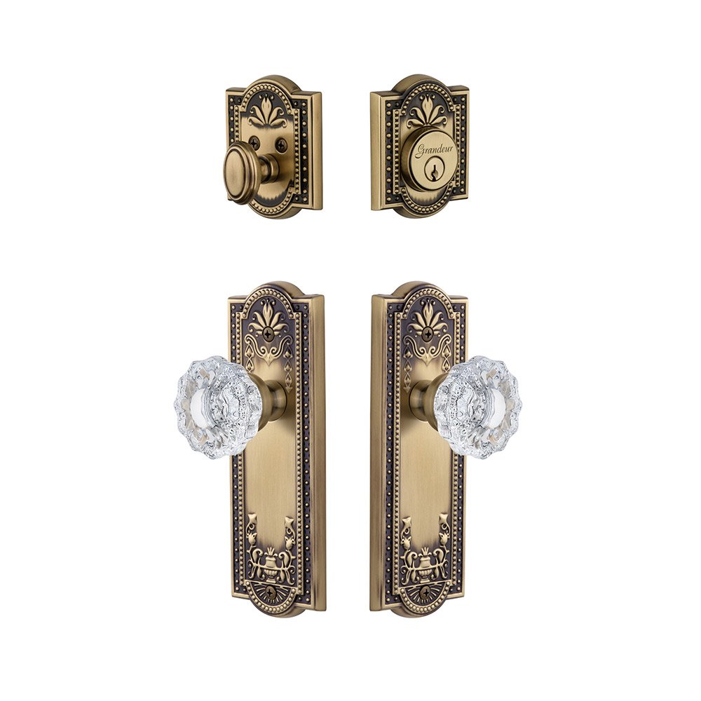 Parthenon Plate With Versailles Crystal Knob & Matching Deadbolt In Vintage Brass