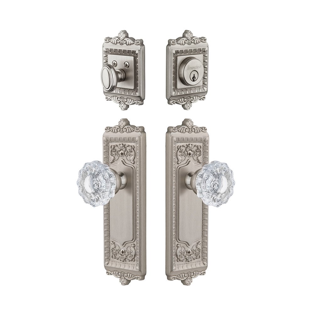 Windsor Plate With Versailles Crystal Knob & Matching Deadbolt In Satin Nickel