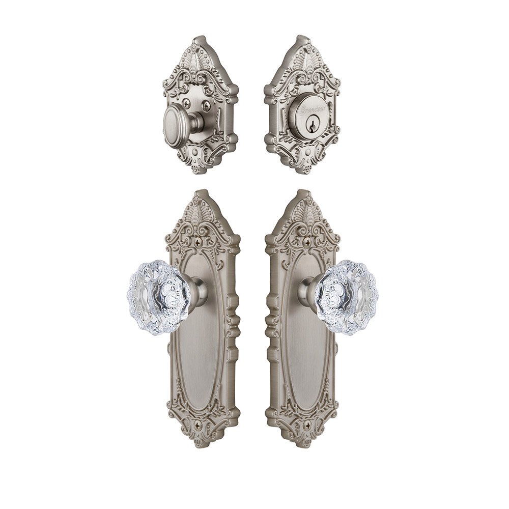 Handleset - Grande Victorian Plate With Fontainebleau Crystal Knob & Matching Deadbolt In Satin Nickel