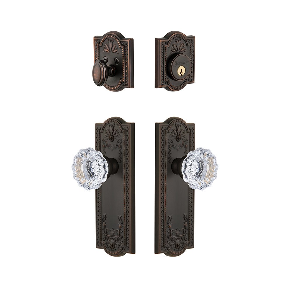 Parthenon Plate With Fontainebleau Crystal Knob & Matching Deadbolt In Timeless Bronze
