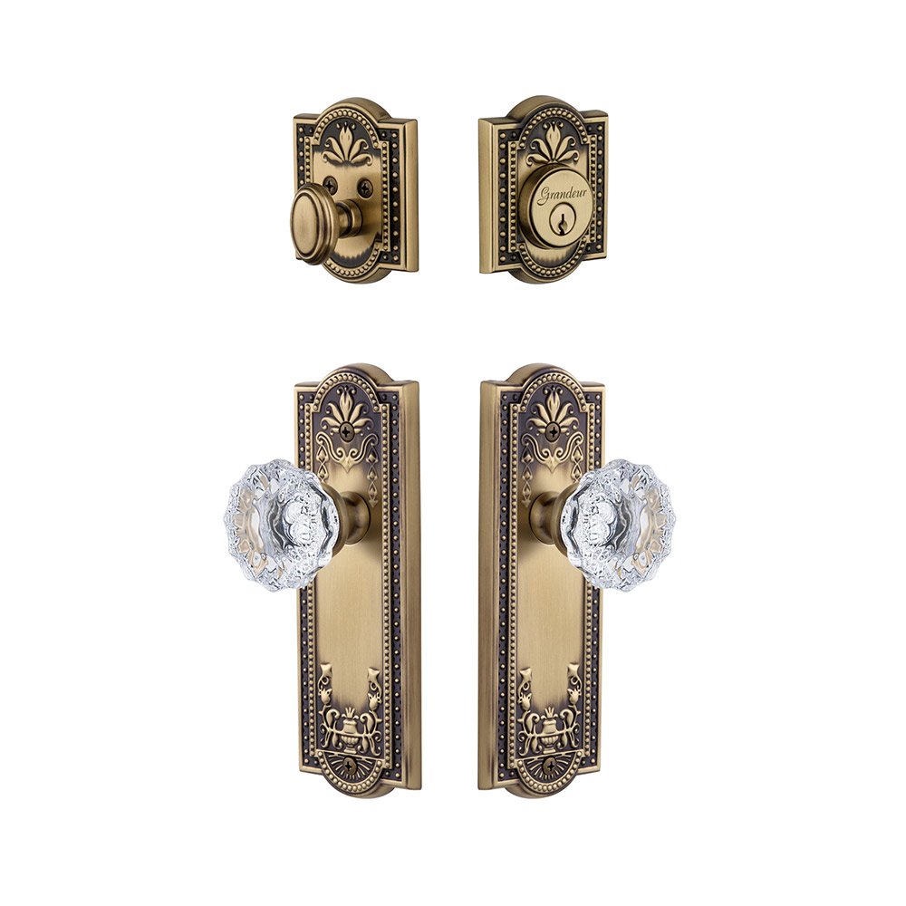 Parthenon Plate With Fontainebleau Crystal Knob & Matching Deadbolt In Vintage Brass