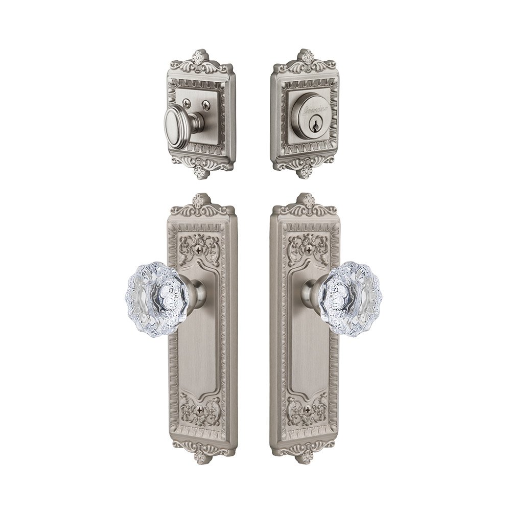 Windsor Plate With Fontainebleau Crystal Knob & Matching Deadbolt In Satin Nickel